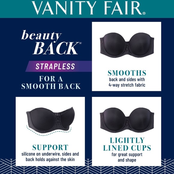 NWT VANITY FAIR 74380 Beauty Back Strapless Underwire Bra Women’s Black Size 34B - Picture 8 of 16